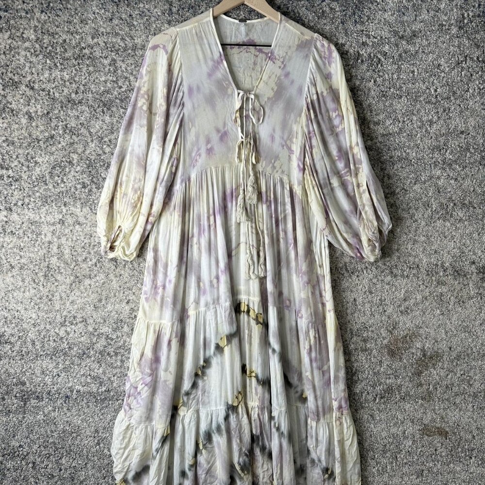 YFB Dress Womens XS Purple Tie Dye Boho Peasant‎ Maxi Tiered Long Sleeve Rayon